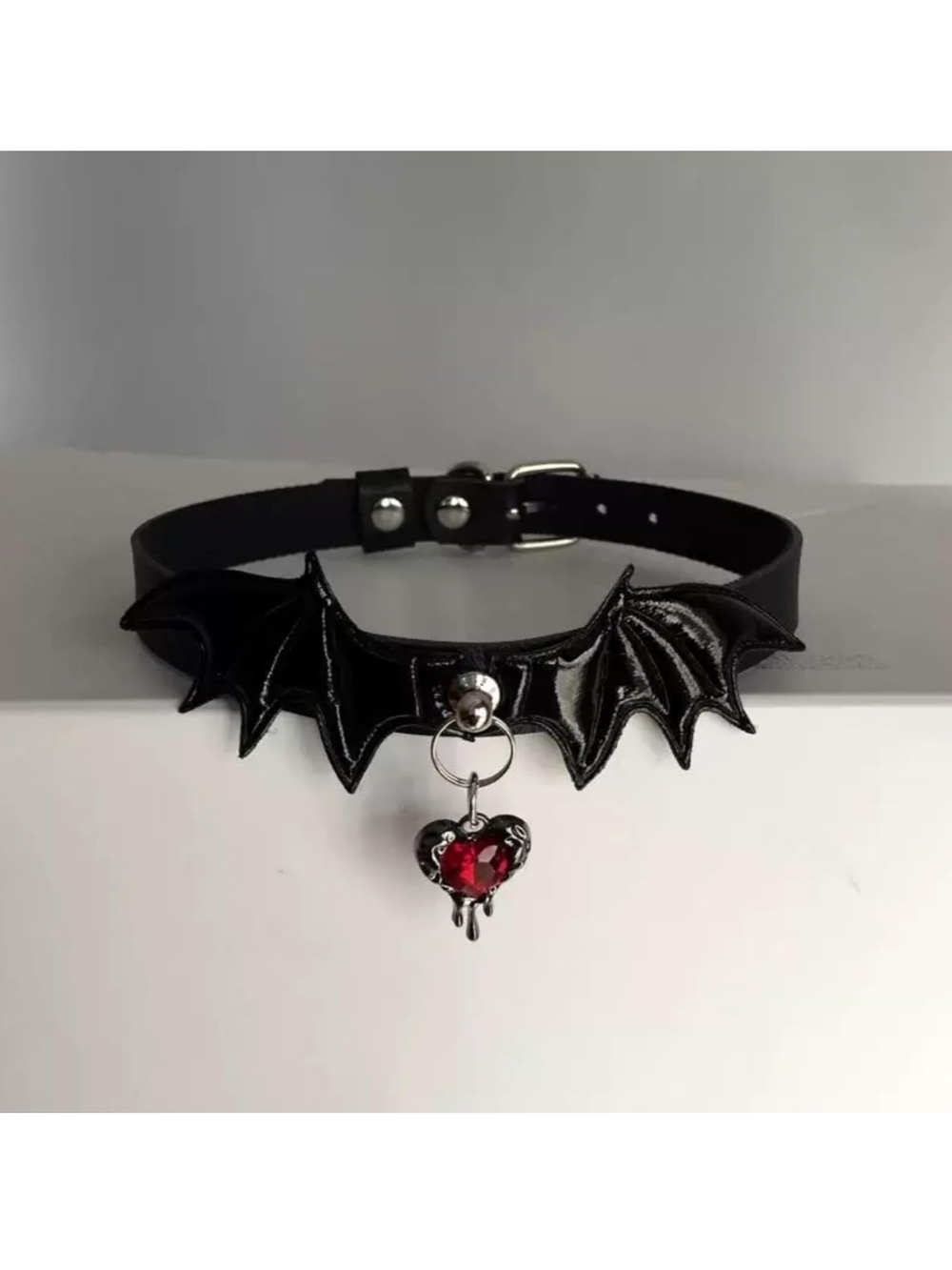 Black Bat Wing Choker Necklace with Red Heart Pendant - Women Jewelry